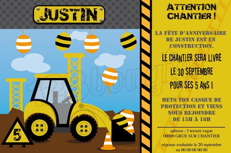 Invitation Anniversaire Chantier Enfant Personnalisable 123bougies