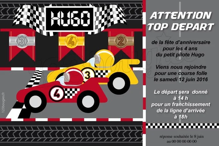 Invitation personnalisée anniversaire Voitures de course cars bolide et  étiquettes à imprimer – Tête de Coucou