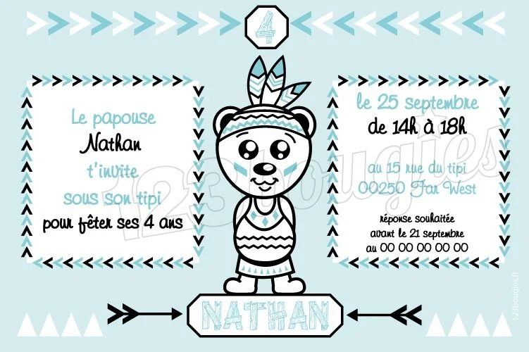 invitation anniversaire ourson indien bleu