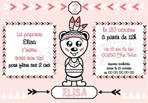 invitation anniversaire ourson indienne rose