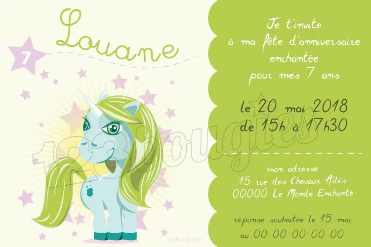 Carte invitation anniversaire Licorne - 2