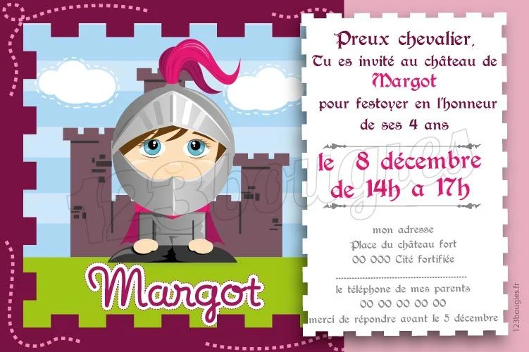 Invitation Anniversaire Chevalier fille personnalisable - 123bougies