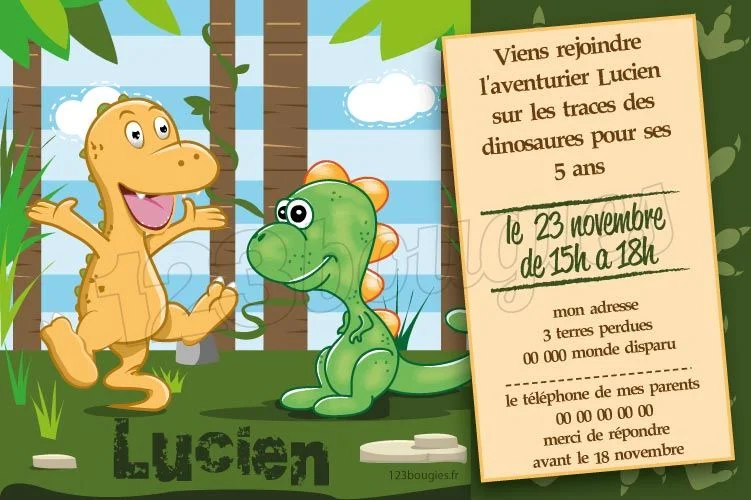 Carte d'invitation anniversaire enfant Dinosaures et guirlande - Fête