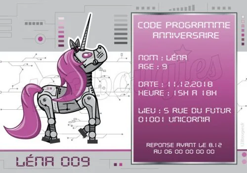 invitation anniversaire robot licorne