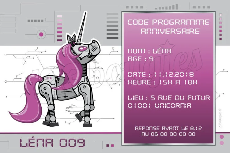 invitation anniversaire robot licorne