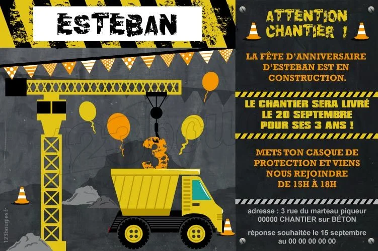 invitation anniversaire camion de chantier